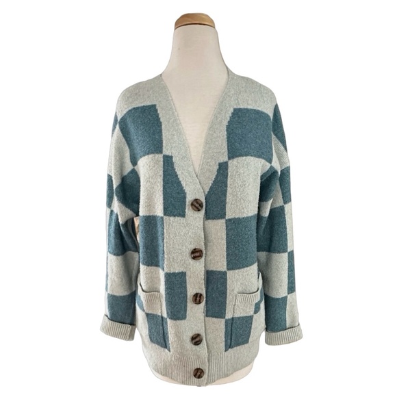 FOREVER 21 Women’s Knit Sweater Size M Button-down Blue Cardigan Plaid - Picture 3 of 8